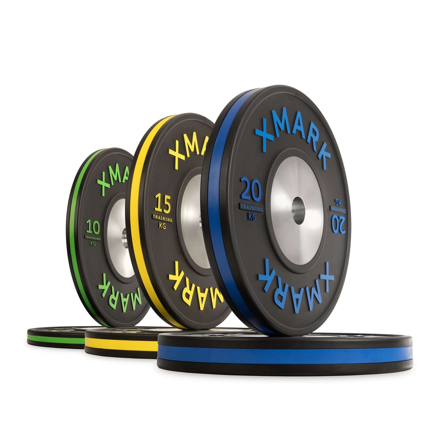 Image of XMark IWF training bumper plates, color-coded weights: 10kg, 15kg, 20kg, showcasing durability and precision.