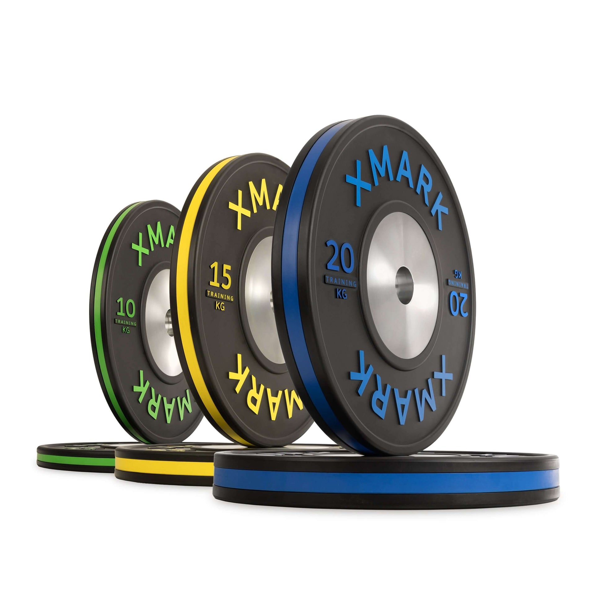 Image of XMark IWF training bumper plates, color-coded weights: 10kg, 15kg, 20kg, showcasing durability and precision.