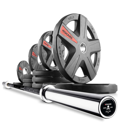Texas Star Olympic weight plates stacked beside a shiny Olympic barbell, showcasing variations in weights for strength training.