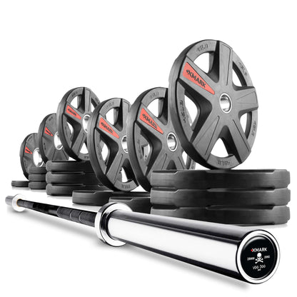 Texas Star Olympic weight plates stacked next to a shiny Olympic barbell, ideal for strength training.