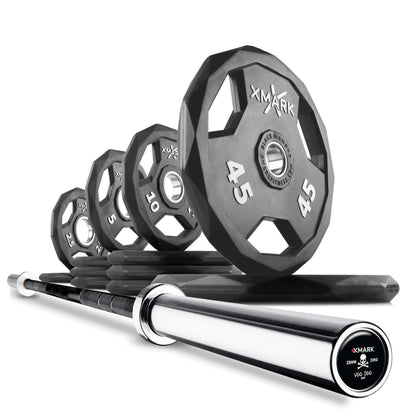 Black Olympic weight plates in various sizes stacked alongside a shiny Olympic barbell for home gym setup.
