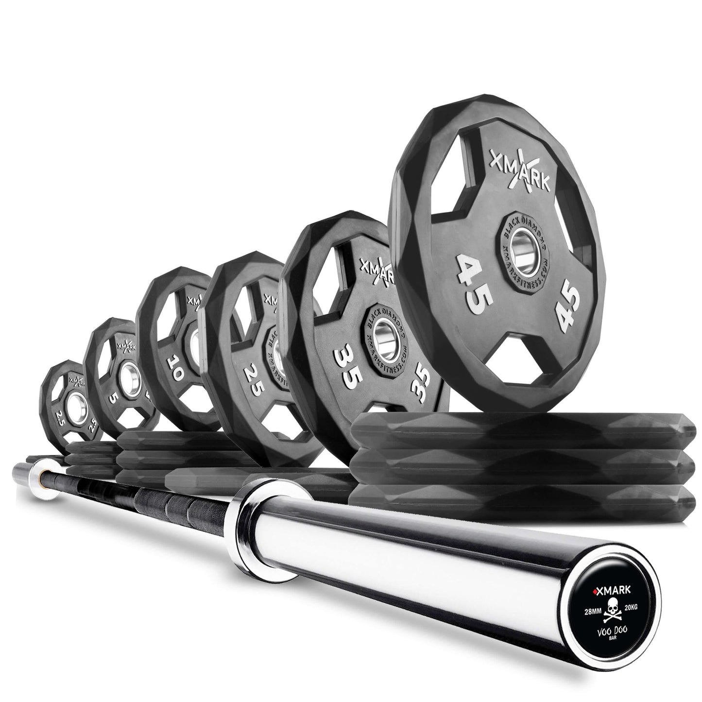Set of XMark Olympic weight plates (2x45, 1x35, 1x25) next to a shiny Olympic barbell, suitable for strength training.