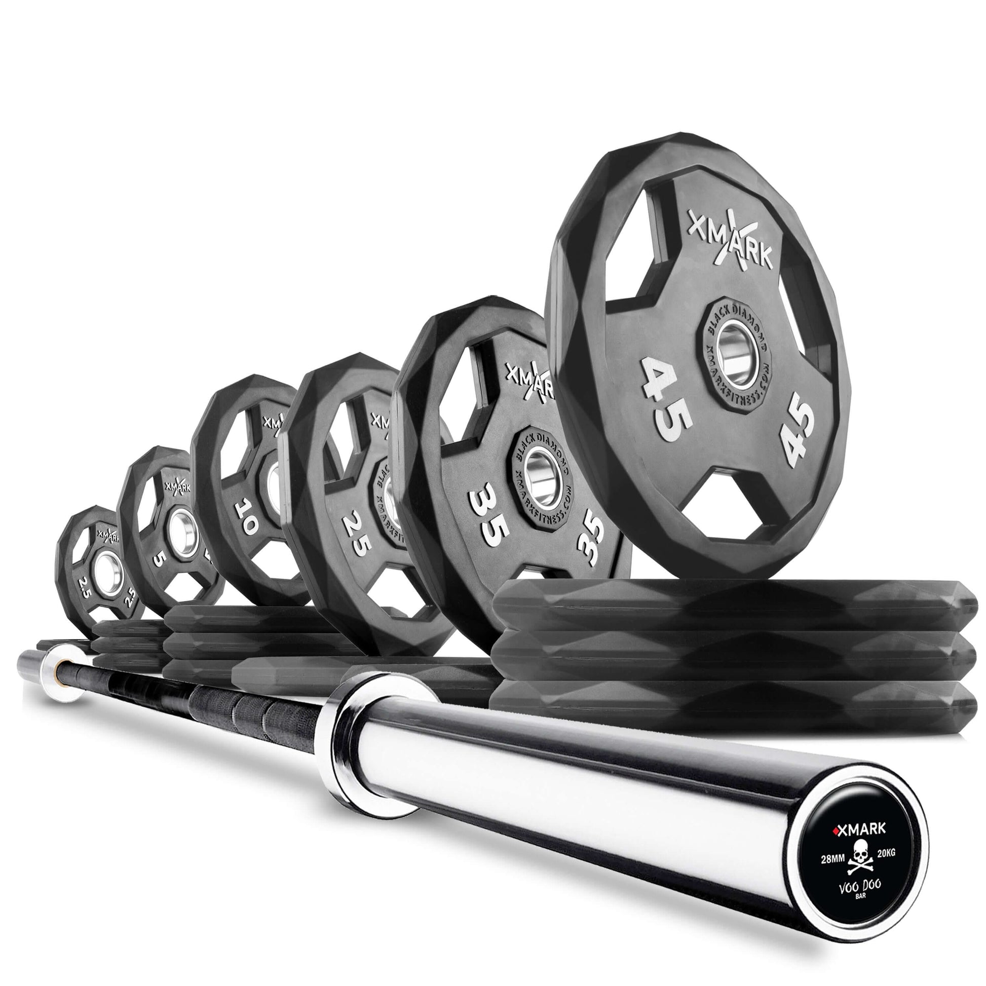 Set of XMark Olympic weight plates (2x45, 1x35, 1x25) next to a shiny Olympic barbell, suitable for strength training.