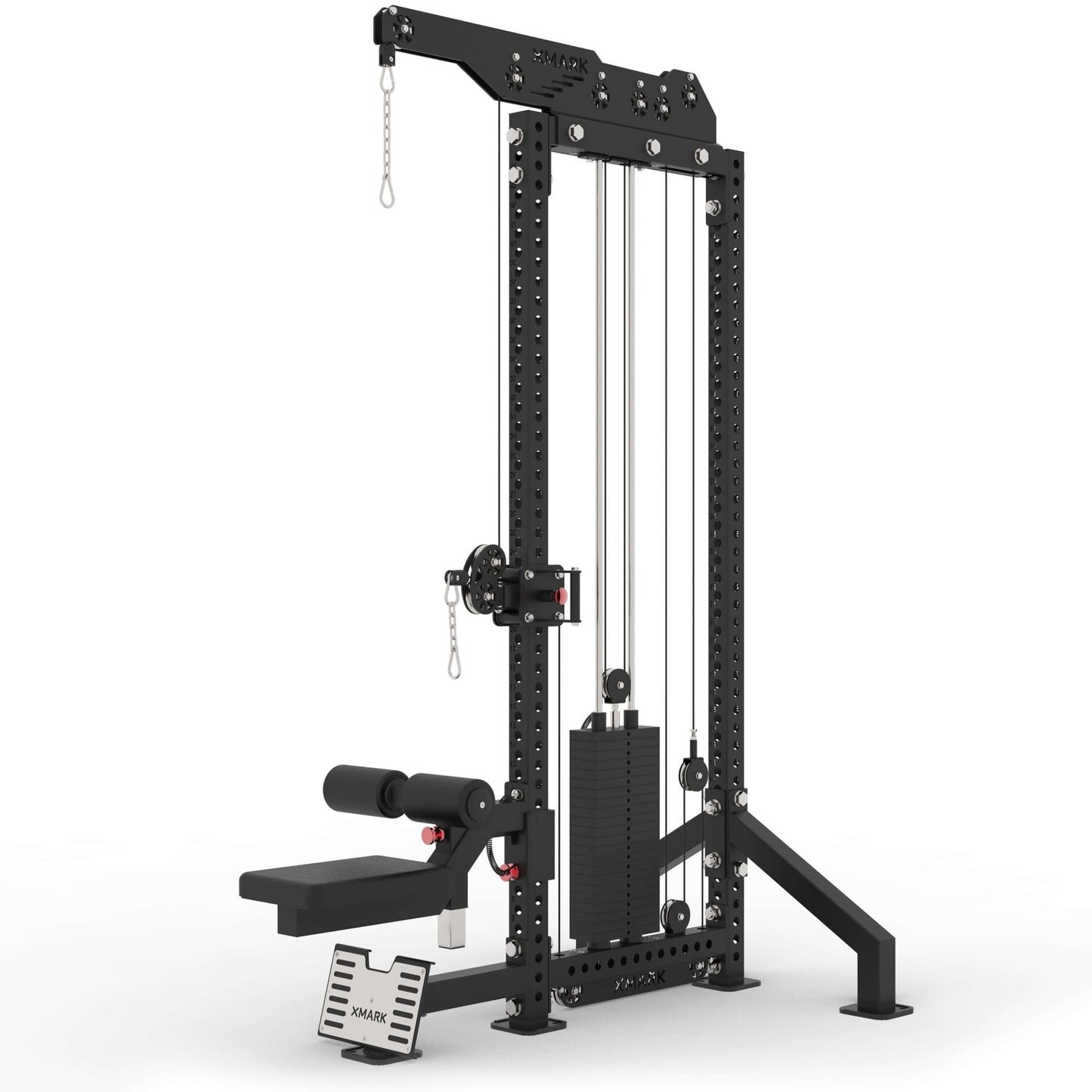 Commercial lat pulldown and low row functional trainer with adjustable height, heavy-duty steel frame, and 220-pound weight stack.