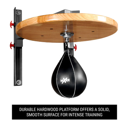 Professional speed bag platform with hardwood surface and chain swivel, designed for MMA and boxing training.