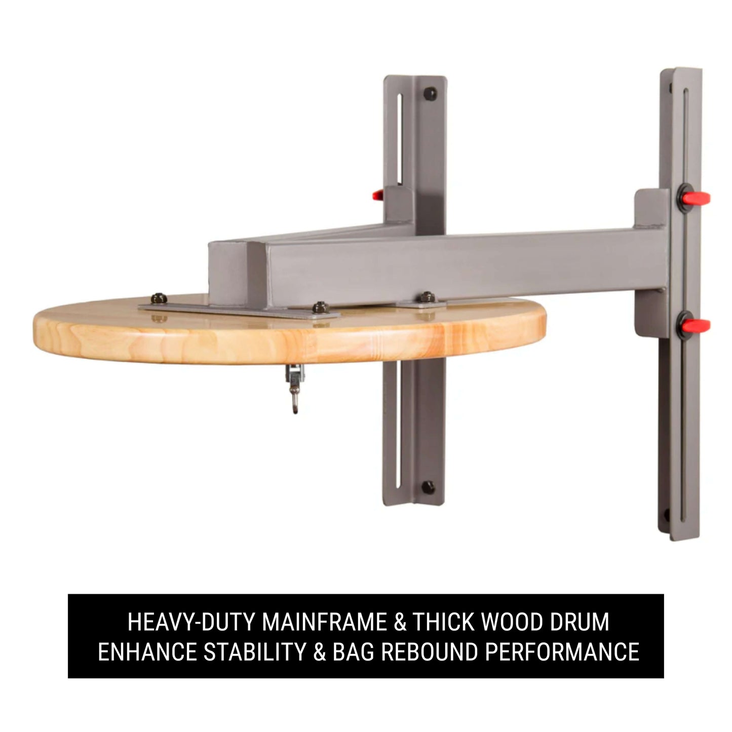 Wall mounted speed bag platform with a sturdy wooden drum and heavy-duty frame for enhanced stability and rebound performance.