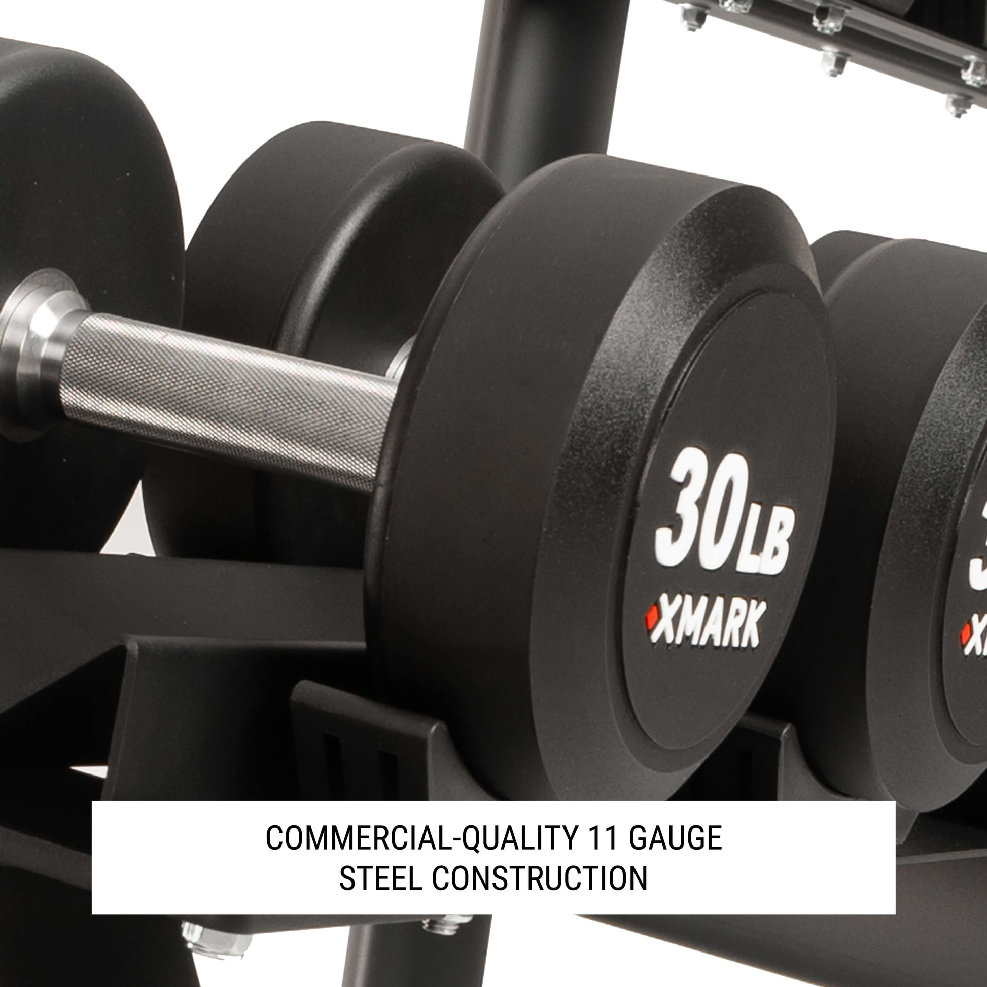 Close-up of 30 lb dumbbells on a rack, highlighting commercial-quality steel construction for durability.