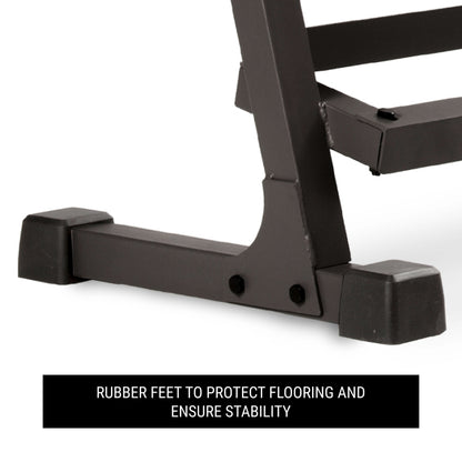 Close-up of the dumbbell rack's rubber feet, designed to protect flooring and ensure stability.