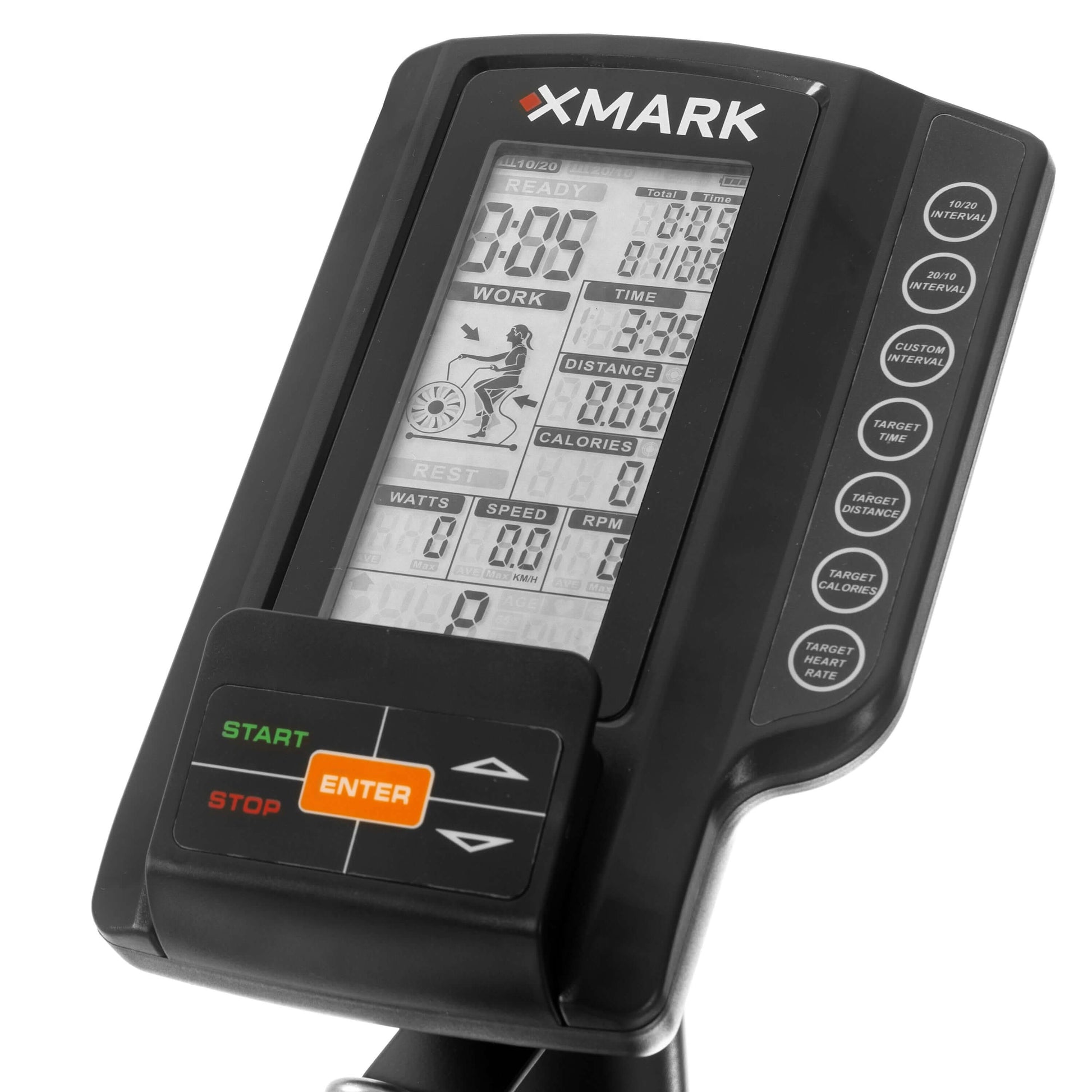 Display panel of the XMark air bike, featuring workout data like time, distance, and calories for efficient HIIT training.