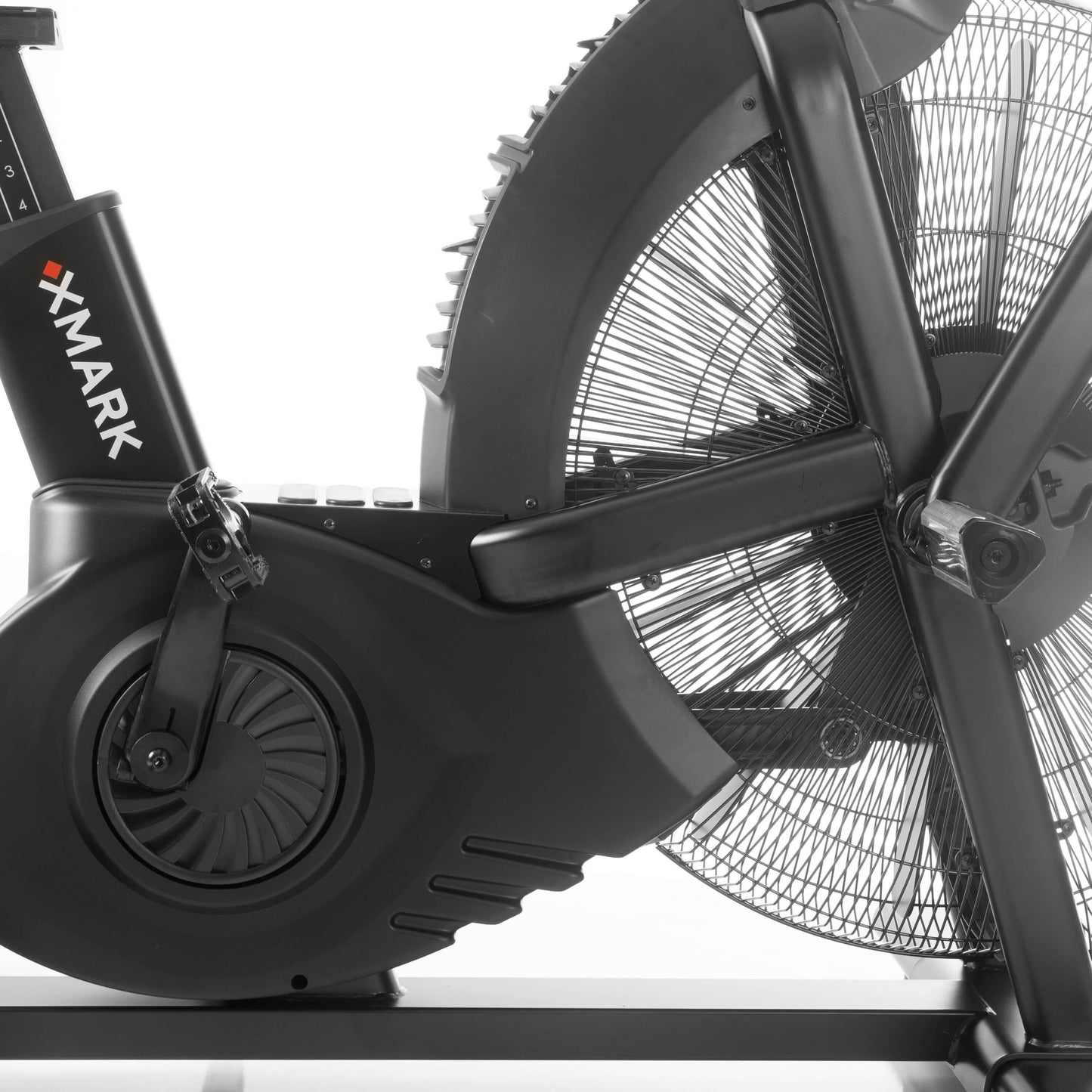 Close-up of the CAT 5 Hurricane Commercial Air Bike's fan and resistance mechanism, emphasizing its robust design.