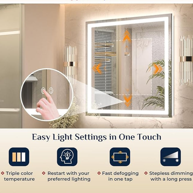 LED Bathroom Mirror – Front Lighting 36x24 Inches, 25W, 875 Lumens – Single Light Strip - Dimmable - Anti-Fog