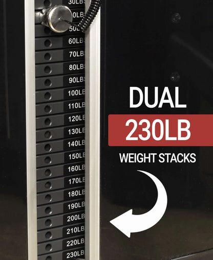 Close-up of dual 230 lb weight stacks on a functional trainer, showing adjustment levels for versatile workouts.