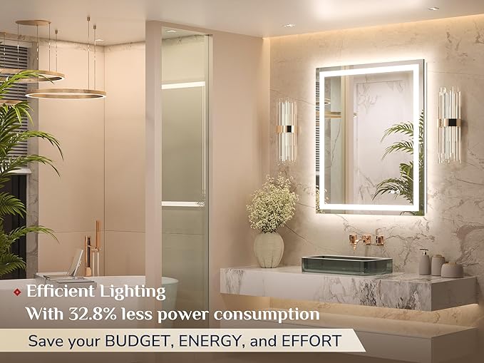LED Bathroom Mirror – Front Lighting 36x24 Inches, 10W, 750 Lumens – Single Light Strip - Dimmable - Anti-Fog