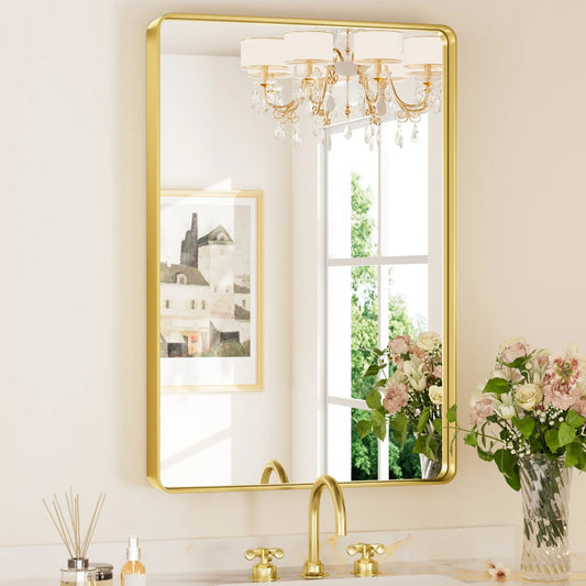 Gold Hard Corner Thin Frame Metal Mirror – Modern Wall-Mounted Bathroom - Bedroom - and Entryway Mirror