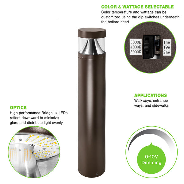 LED Bollard Light – Round Pole Included, 24W/19W/14W and CCT, 3,360 Lumens, 120-277 VAC