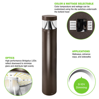 LED Bollard Light – Round Pole Included, 24W/19W/14W and CCT, 3,360 Lumens, 120-277 VAC