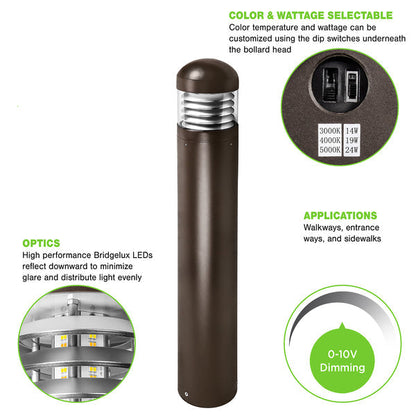 LED Bollard Light, Selectable 24W/19W/14W, CCT 3000K/4000K/5000K, 3,360 Lumens, 120-277 VAC, Round Pole Included