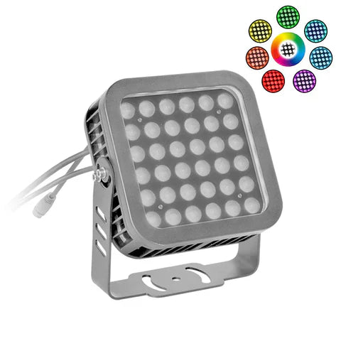 36W RGB LED Flood Light – Color-Changing Outdoor Lighting - 100-277V - 36° Beam Angle - Grey Housing - ETL Listed