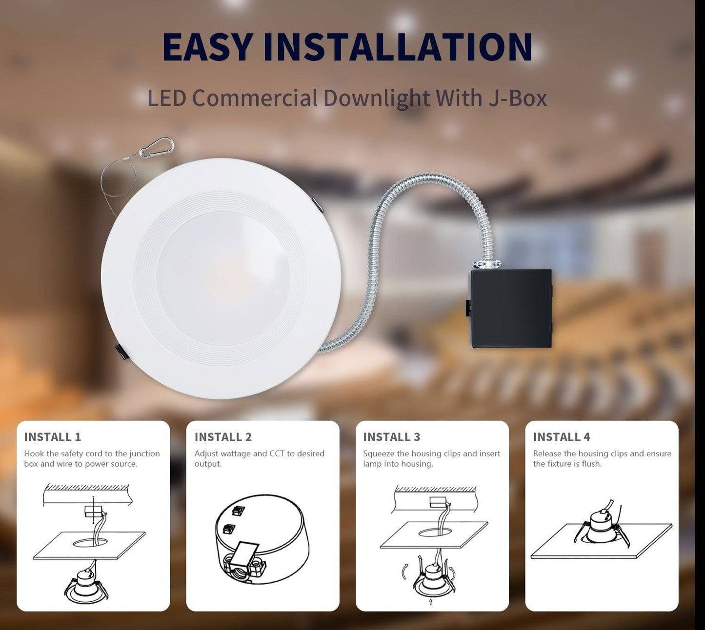 10 Inch LED Recessed Downlight with Junction Box - Selectable 22W/28W/35W and CCT, 3,700 Lumens, 120-277 VAC
