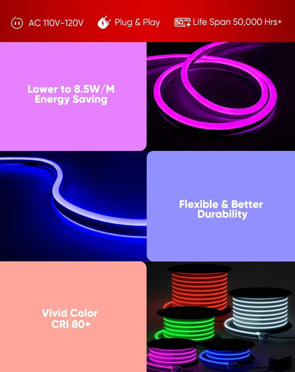 110V-120V RGBW 14 Color Changing LED Rope lights with controller - 10mmX20mm,Commercial Grade, IP65, 8.3Watts/M -Cuttable- Plug and Play and Hardwired