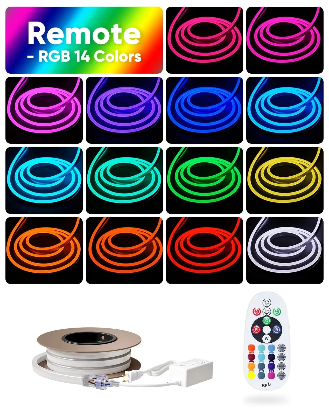110V-120V RGBW 14 Color Changing LED Rope lights with controller - 10mmX20mm,Commercial Grade, IP65, 8.3Watts/M -Cuttable- Plug and Play and Hardwired