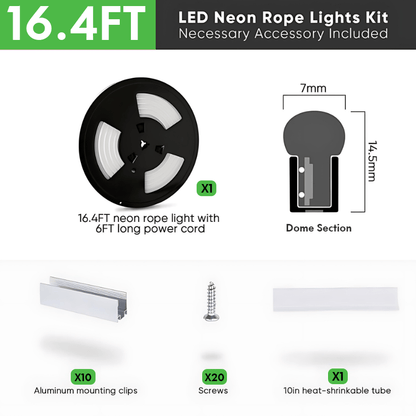 110-130V Cool White LED Neon Rope Light -6500K- 7mm x 14.5mm-7W/Meter and 220LM/W -Dimmable, Flexible, IP65 Waterproof, Cuttable for Home & Commercial Use