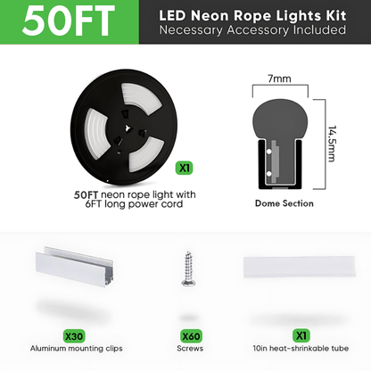 110-130V Cool White LED Neon Rope Light -6500K- 7mm x 14.5mm-7W/Meter and 220LM/W -Dimmable, Flexible, IP65 Waterproof, Cuttable for Home & Commercial Use
