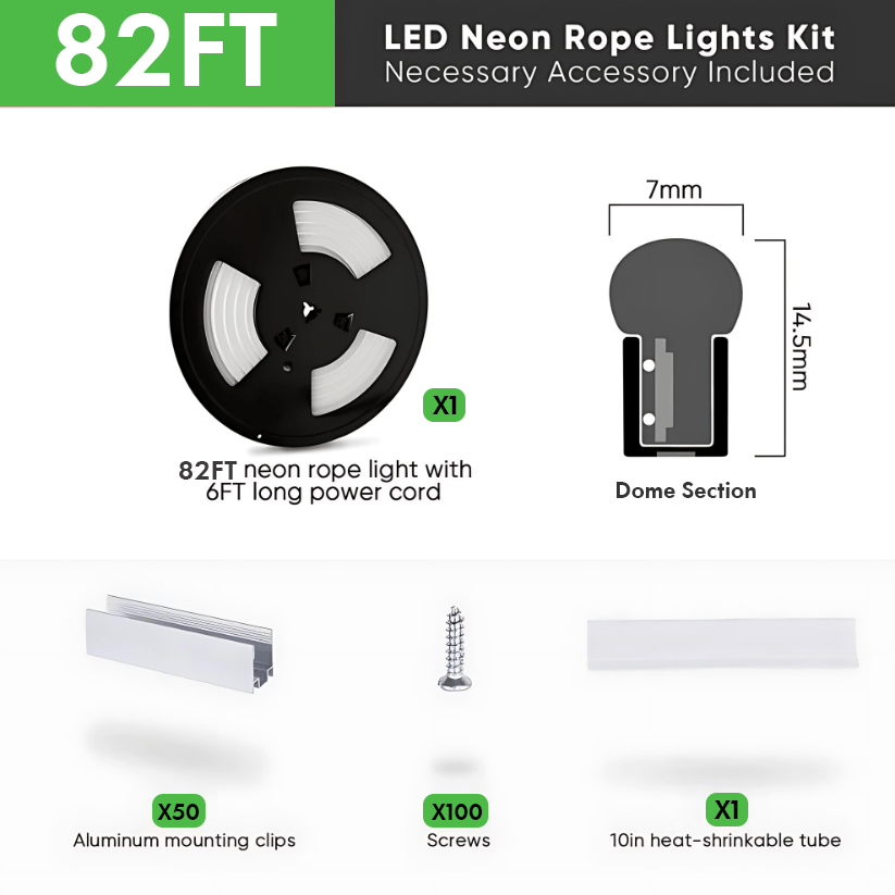 110-130V Cool White LED Neon Rope Light -6500K- 7mm x 14.5mm-7W/Meter and 220LM/W -Dimmable, Flexible, IP65 Waterproof, Cuttable for Home & Commercial Use