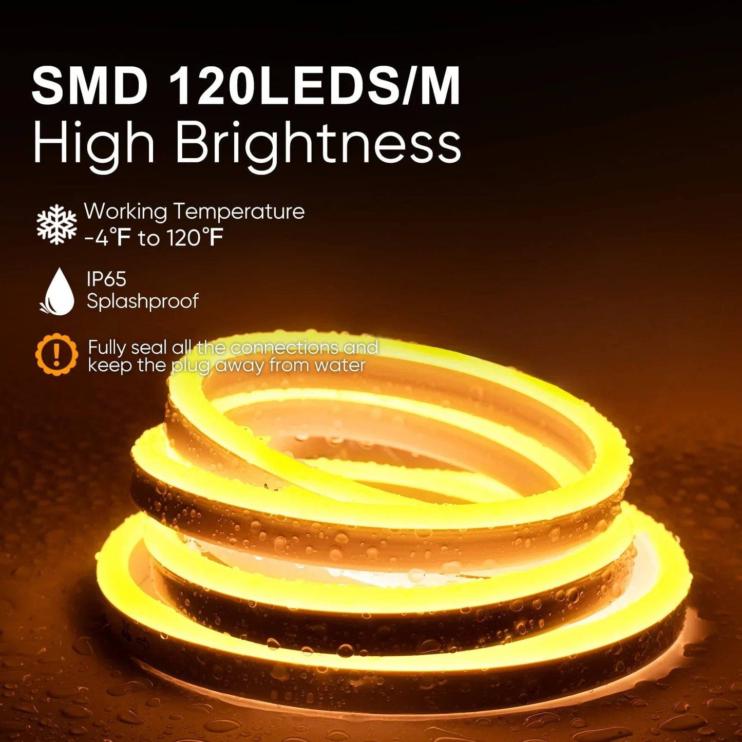 110V-120V Yellow-Amber Neon LED Rope Light - 7mmX14.5mm,Commercial Grade, IP65, 220Lm/M -Cuttable, Dimmable, ETL Listed- Plug and Play and Hardwired