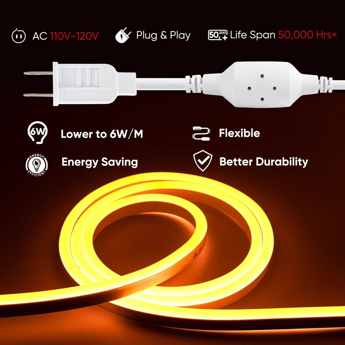 110V-120V Yellow-Amber Neon LED Rope Light - 7mmX14.5mm,Commercial Grade, IP65, 220Lm/M -Cuttable, Dimmable, ETL Listed- Plug and Play and Hardwired
