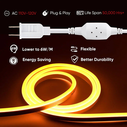 110V-120V Yellow-Amber Neon LED Rope Light - 7mmX14.5mm,Commercial Grade, IP65, 220Lm/M -Cuttable, Dimmable, ETL Listed- Plug and Play and Hardwired