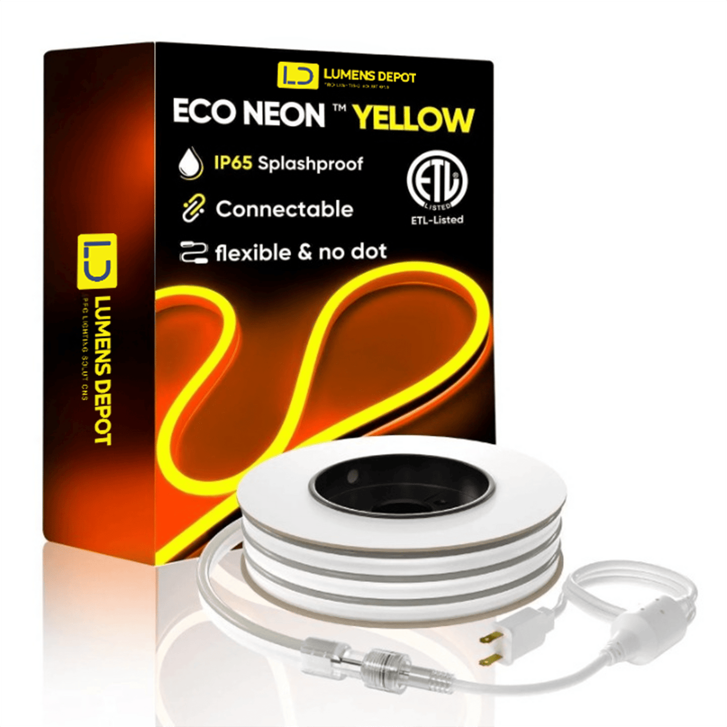 110V-120V Yellow-Amber Neon LED Rope Light - 7mmX14.5mm,Commercial Grade, IP65, 220Lm/M -Cuttable, Dimmable, ETL Listed- Plug and Play and Hardwired