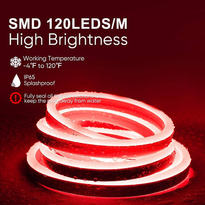 110V-120V Red Neon LED Rope Light - 8mmX16mm,Commercial Grade, IP65, 6 Watts/M -Cuttable, dimmable, could be hardwired ETL Listed- Plug and Play