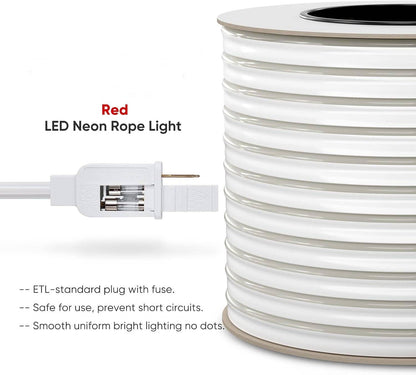 110V-120V Red Neon LED Rope Light - 8mmX16mm,Commercial Grade, IP65, 6 Watts/M -Cuttable, dimmable, could be hardwired ETL Listed- Plug and Play