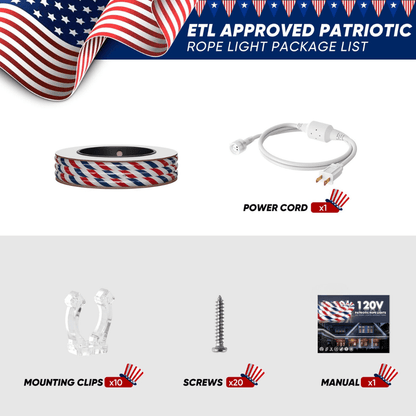 110V Red, White, and Blue Patriotic Rope Light - 11000K LED