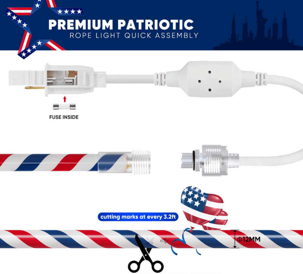 110V Red, White, and Blue Patriotic Rope Light - 11000K LED