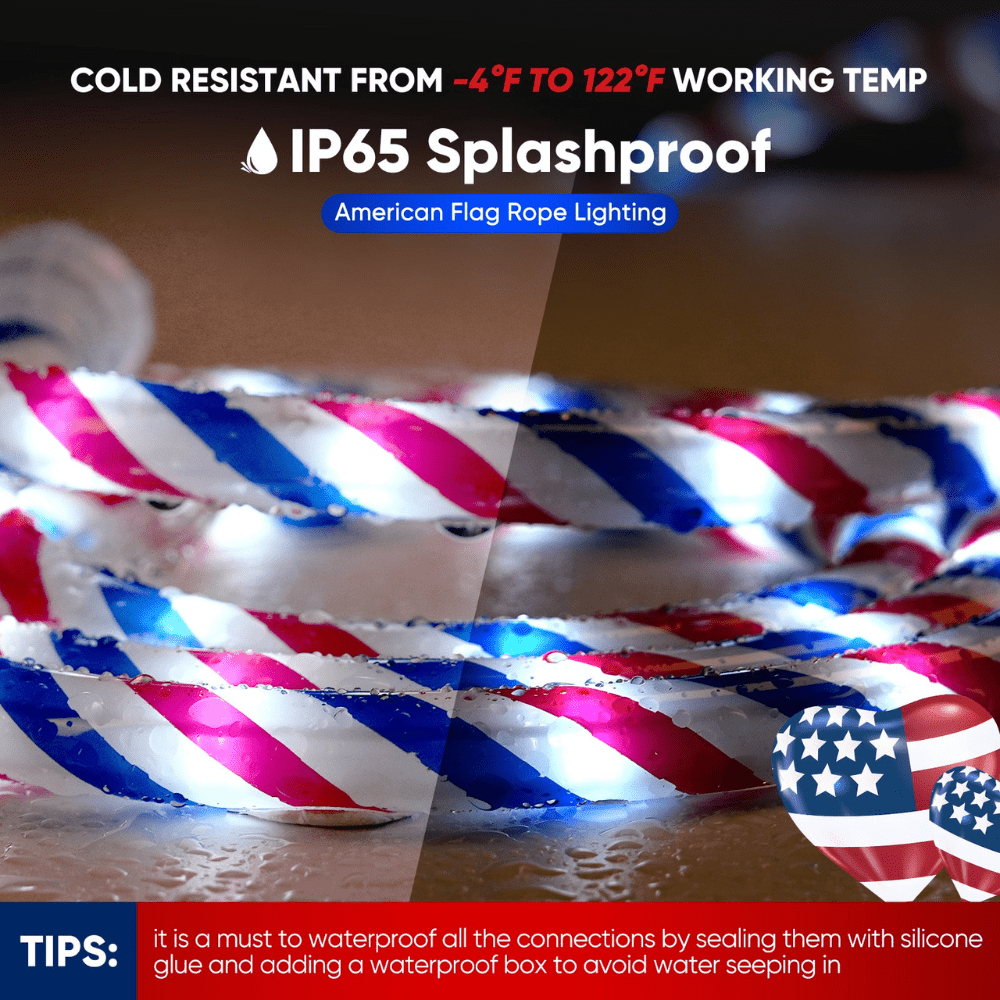 110V Red, White, and Blue Patriotic Rope Light - 11000K LED