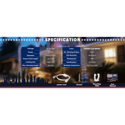 110V Red, White, and Blue Patriotic Rope Light - 11000K LED