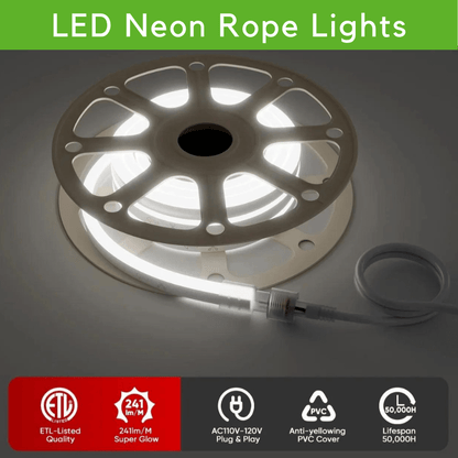 110-120V Cool White LED Neon Rope Light -6300K-8mm x 16mm-6.5W/Meter and 226LM/W -Dimmable, Flexible, IP65 Waterproof, Cuttable for Home & Commercial Use