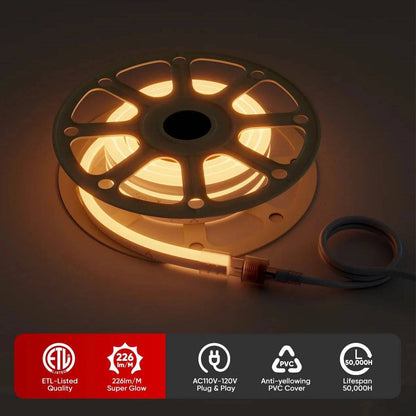 110-120V Warm White LED Neon Rope Light -2500K- 8mm x 16mm-6.5W/Meter and 226LM/W -Dimmable, Flexible, IP65 Waterproof, Cuttable for Home & Commercial Use