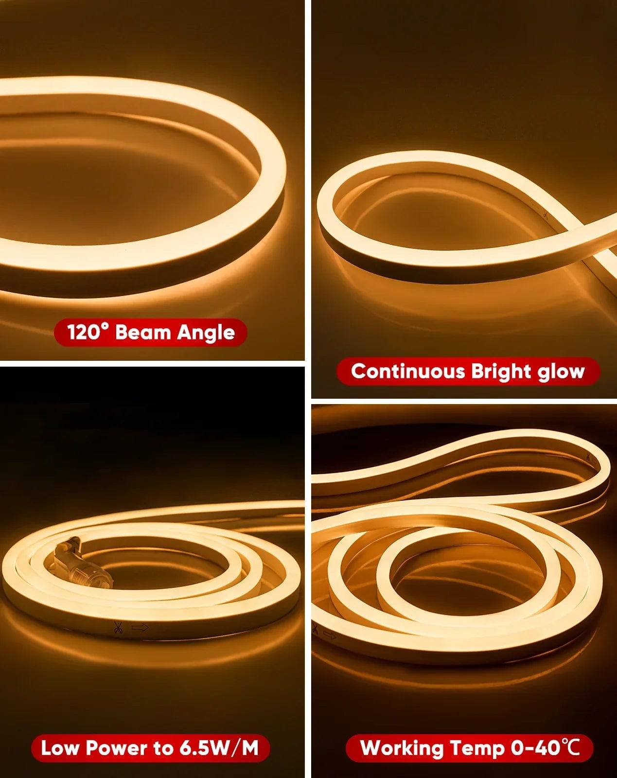 110-120V Warm White LED Neon Rope Light -2500K- 8mm x 16mm-6.5W/Meter and 226LM/W -Dimmable, Flexible, IP65 Waterproof, Cuttable for Home & Commercial Use