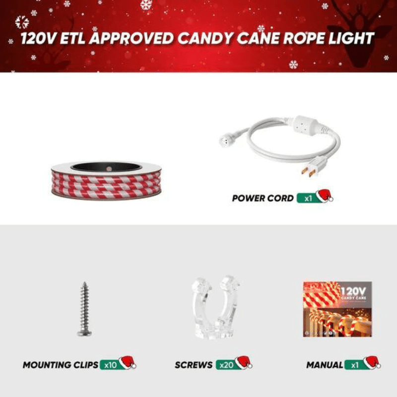 110-120V Candy Cane Rope Light(8mmx12mm) - 2800K Warm White, 360° Illumination, IP65, Cold-Resistant to -4℉, Connectable, Cuttable, Plug and play  ETL Listed