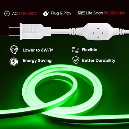 110V-120V Green Neon LED Rope Light - 8mmX16mm,Commercial Grade, IP65, 6 Watts/M -Cuttable, dimmable, could be hardwired ETL Listed- Plug and Play