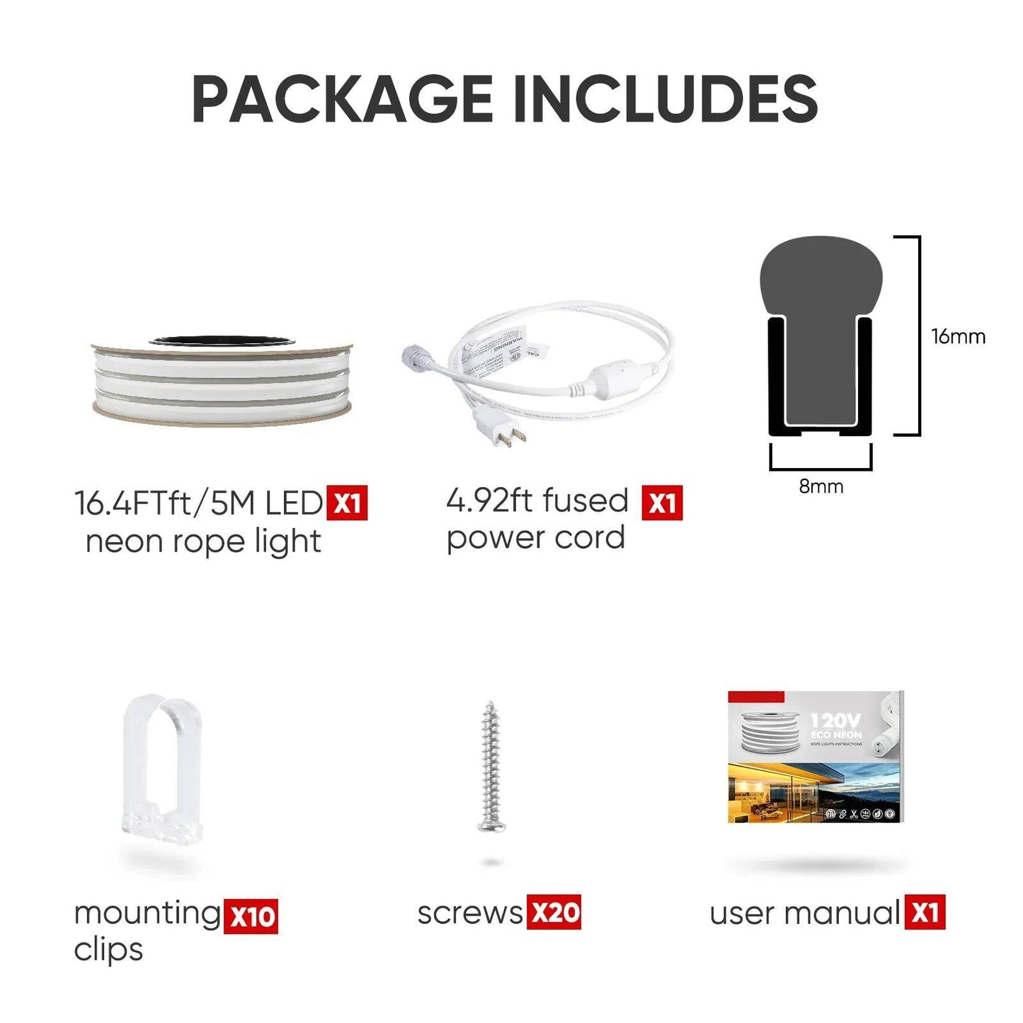 110V-120V Neutral White (4500K) Neon LED Rope Light - 8mmX16mm,Commercial Grade, IP65, 189Lm/meter -Cuttable, Dimmable- Plug and Play and Hardwire