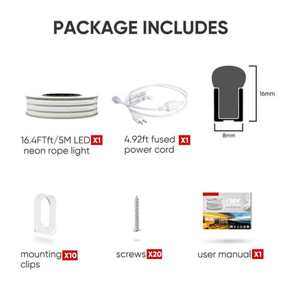 110V-120V Neutral White (4500K) Neon LED Rope Light - 8mmX16mm,Commercial Grade, IP65, 189Lm/meter -Cuttable, Dimmable- Plug and Play and Hardwire