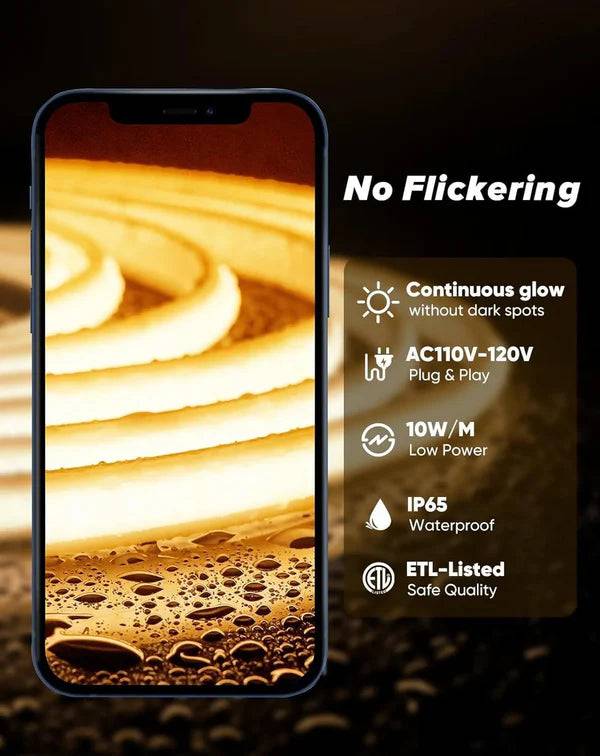 110-120V Warm White(2800K) COB LED Neon Rope(10mmX4.5mm)-Peel and Stick Tape Light, IP65 Splash Proof, Cuttable, dimmable, can hardwire