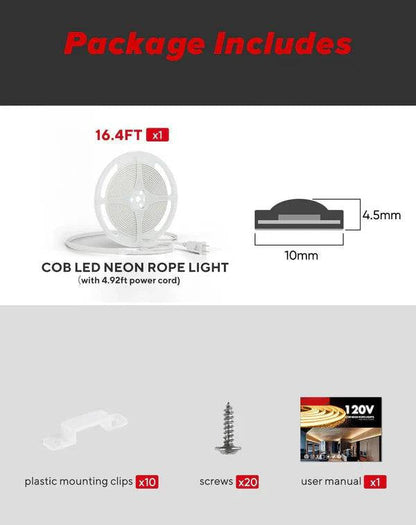 110-120V Warm White(2800K) COB LED Neon Rope(10mmX4.5mm)-Peel and Stick Tape Light, IP65 Splash Proof, Cuttable, dimmable, can hardwire