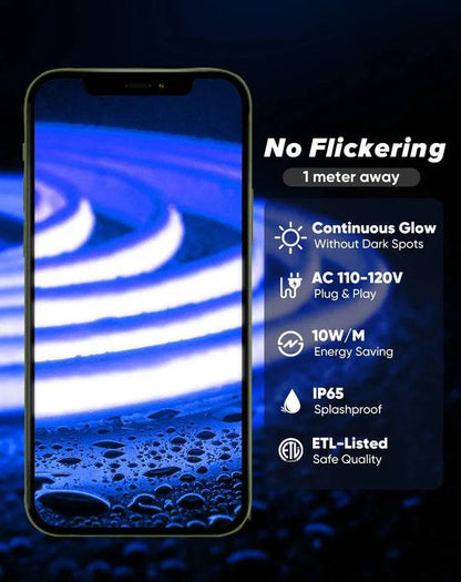 110-120V Blue COB Peel and Stick Tape Light (10mmx4.5mm),800Lm/W, IP65, Cuttable, dimmable, flicker-free - Plug and Play and hardwired