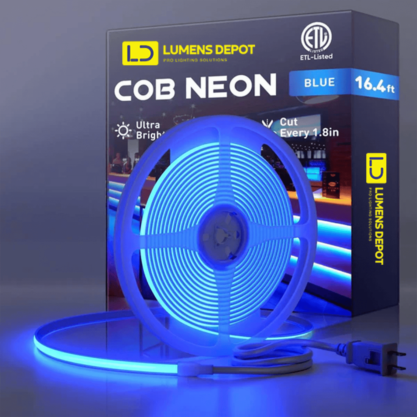 110-120V Blue COB Peel and Stick Tape Light (10mmx4.5mm),800Lm/W, IP65, Cuttable, dimmable, flicker-free - Plug and Play and hardwired