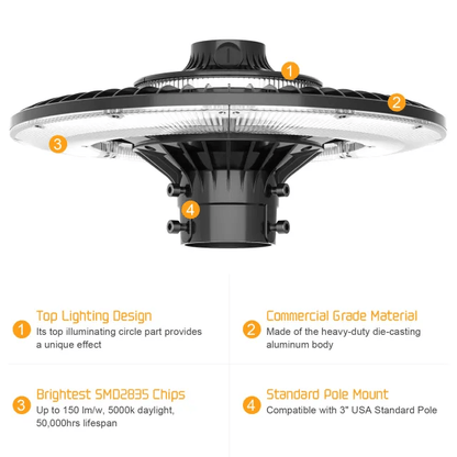 120W LED Post Top Light, CCT 3000K/4000K/5000K, 100-277 VAC, 15600 Lumens, Photocell Included